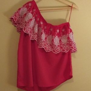 NWT Maette top red off shoulder white lace border